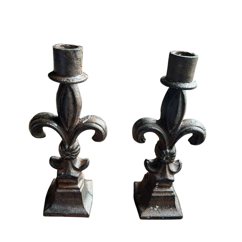 Pair Cast Iron Fleur De Lis Candle Holders Rustic Gothic Primitive 7-1/2"